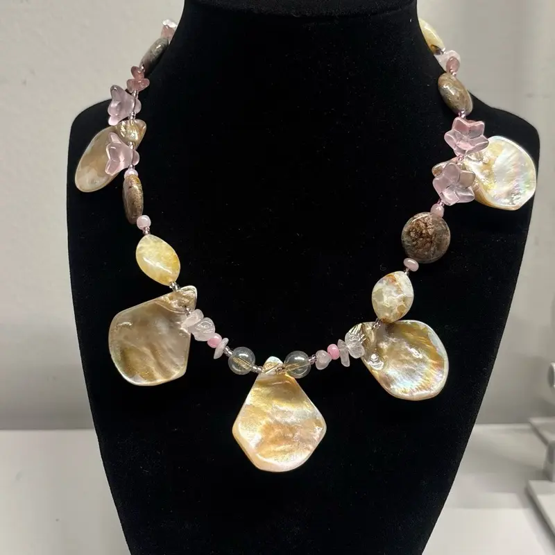 Yellow Opal Rhyolite Natural freshwater seashell spiked Gemstone Choker Necklace Handmade One of a Kind with Unique Beads and Centerpiece heart shell accents