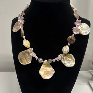 Yellow Opal Rhyolite Natural freshwater seashell spiked Gemstone Choker Necklace Handmade One of a Kind with Unique Beads and Centerpiece heart shell accents