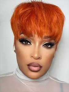 Ginger Orange Color Pixie Cut Wig Brazilian Wigs - Remy Human Hair Short Straight Wig with Bangs & Layers, 150% Density 10Inch Machine-Made Wig for Women, Daily Wear, Parties, Carnivals & Music Festivals
