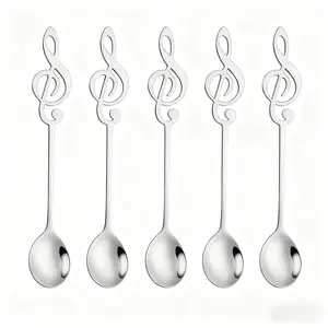 5-Piece set, stainless steel 304 spoon, creative music note spoon, coffee spoon stirring spoon, music bar spoon dessert spoon, suitable for home restaurants and hotels