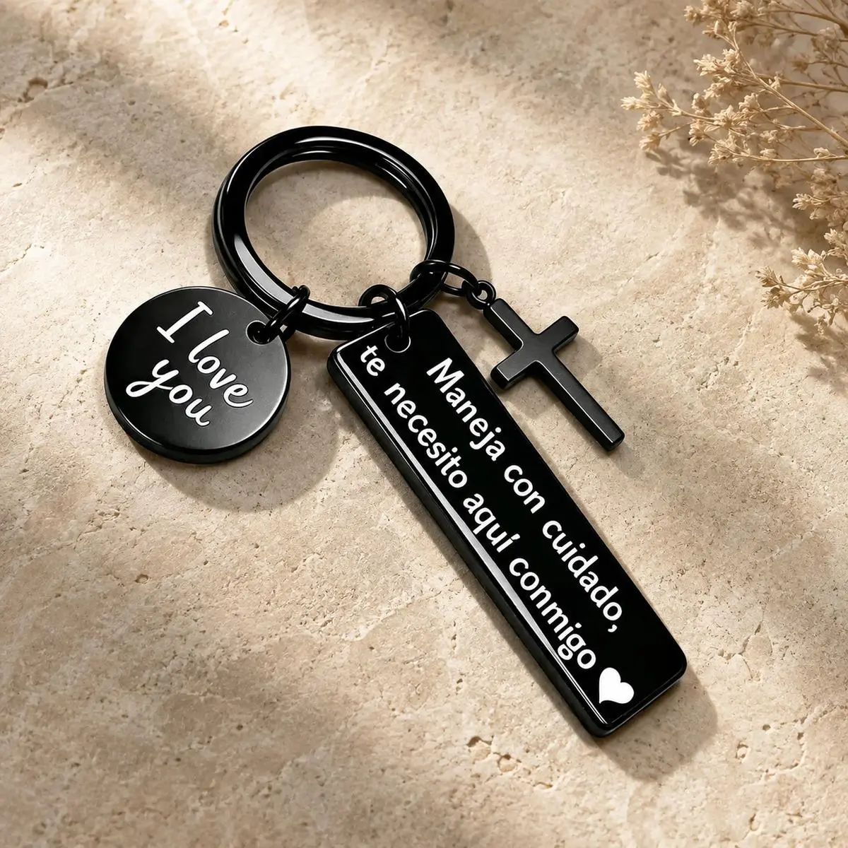 Spanish "Drive Safe" Cross Keychain, "Drive Carefully—I Need You Here With Me" Stainless Steel Key Ring, Romantic Religious Gift