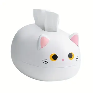 1pc Cartoon Cat Tissue Box, Cute Cat Napkin Storage Box, Cat Paper Container Holder, Facial Tissue Box Cover Holder Case For Car Home Bathroom Kitchen Office, White Plastic