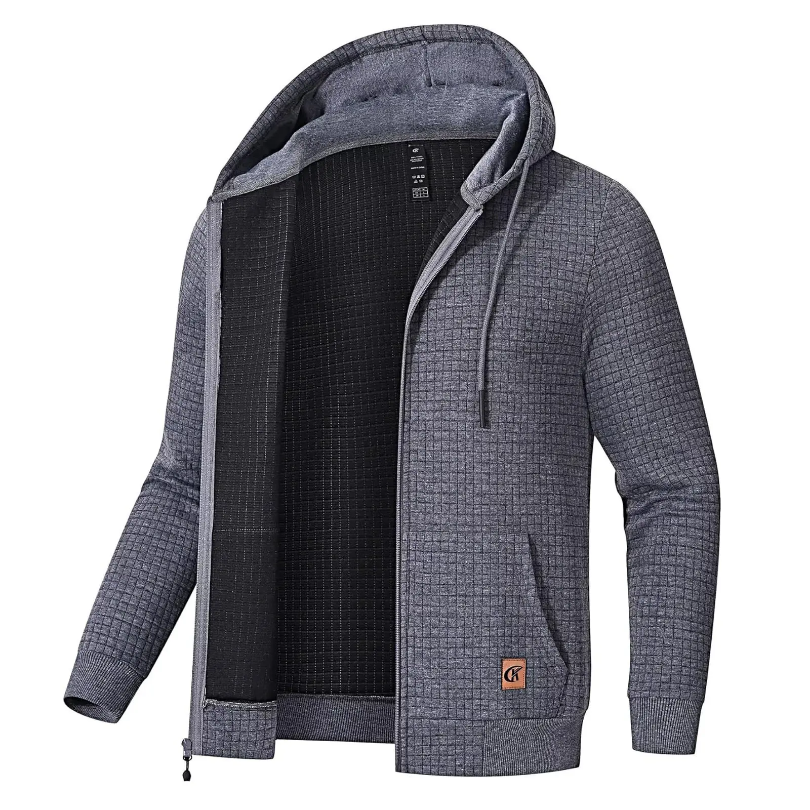 YUYANGDPB Men's Minimalist Fitted Polyester Jacquard Waffle Knit Zip-Up Hoodie - Lightweight Full-Zip Top, Ribbed Details, Pockets, Long Sleeves, Hood, Adjustable Drawstring, Layer-Friendly for Spring Fall, Casual Streetwear, Machine Wash, Normal Type