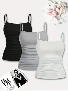 Women's Solid Color Side Ruched Tank Top, Casual Sleeveless Top for Summer, Ladies Clothes for Daily Wear, Gamis,  Tops for Women