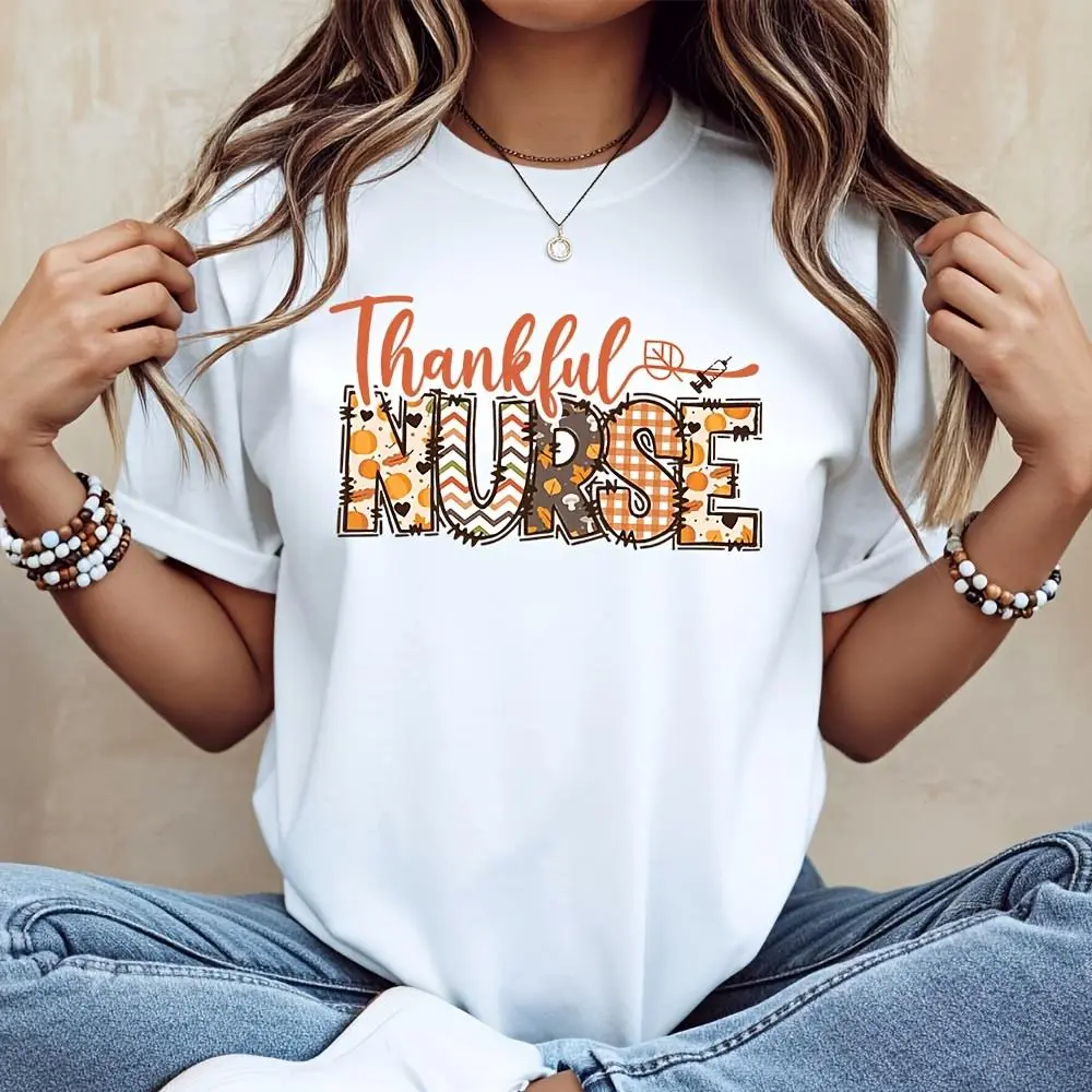 Thankful Nurse Pumpkin Patch Print T-Shirt, Fall Autumn Thanksgiving Gift For Nurses, Healthcare Worker Appreciation Casual Wear
