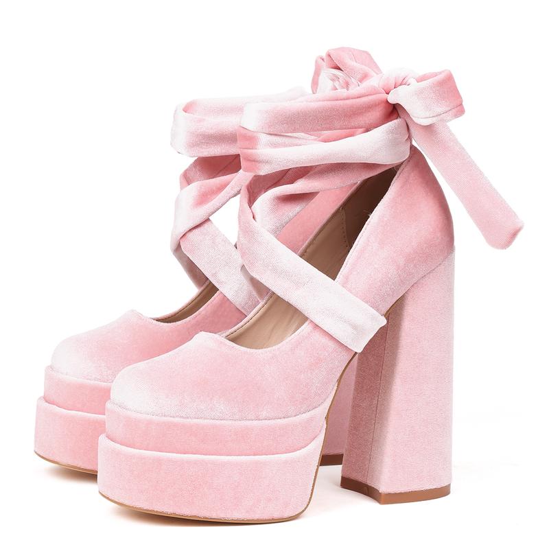 CYNLLIO Womens Mary Jane High Heels Square Toe Cross Tied Lace Up Bow Slip On Comfy Platform Chunky Heeled Dress Outing Wedding Party Casual Cosplay Spring Pump Shoes Valentine Gifts