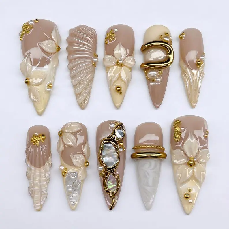 Mismatched 3D White Flower Press on Nails with Seashell Pearl & Abalone | Fake Nails in Long Stiletto | Luxury Bridal Mermaidcore Art