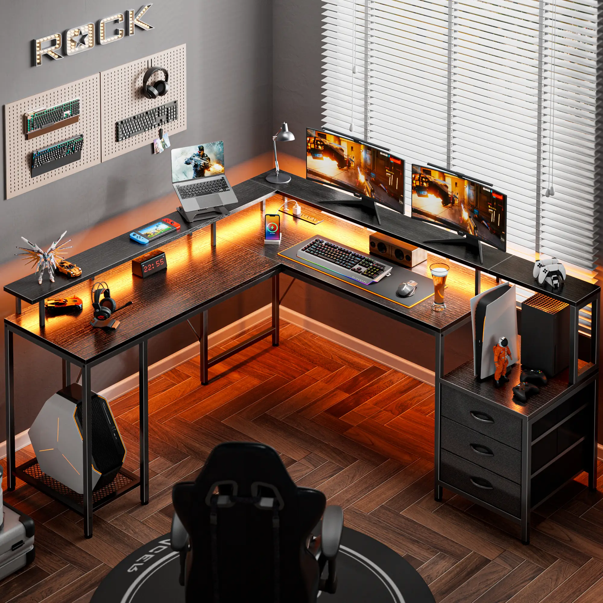 Huuger L Shaped Gaming Desk with LED Lights and Power Outlets, Computer Desk with 3 Drawers, 66.1 Inches Corner Desk, Home Office Desk with Printer an