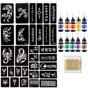 Temporary Tattoo Kit 10 Colors, Temporary Tattoo Ink Kit for Body Paint, Fake Tattoos DIY Art Painting, Party for Women & Men, Tattoo Stencil