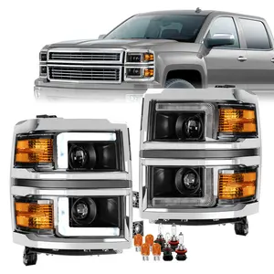 Headlights Assembly w/LED DRL+L Tube Bar Projector Headlamp with Bulbs Compatible with 2014 2015 Chevy Silverado 1500, Chrome/Black