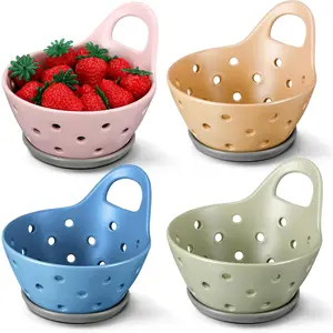 Baderke Set of 4 Ceramic Berry Basket Stoneware Colanders with Handles Fruit Bowls Rustic Blue Light Green Khaki Pink