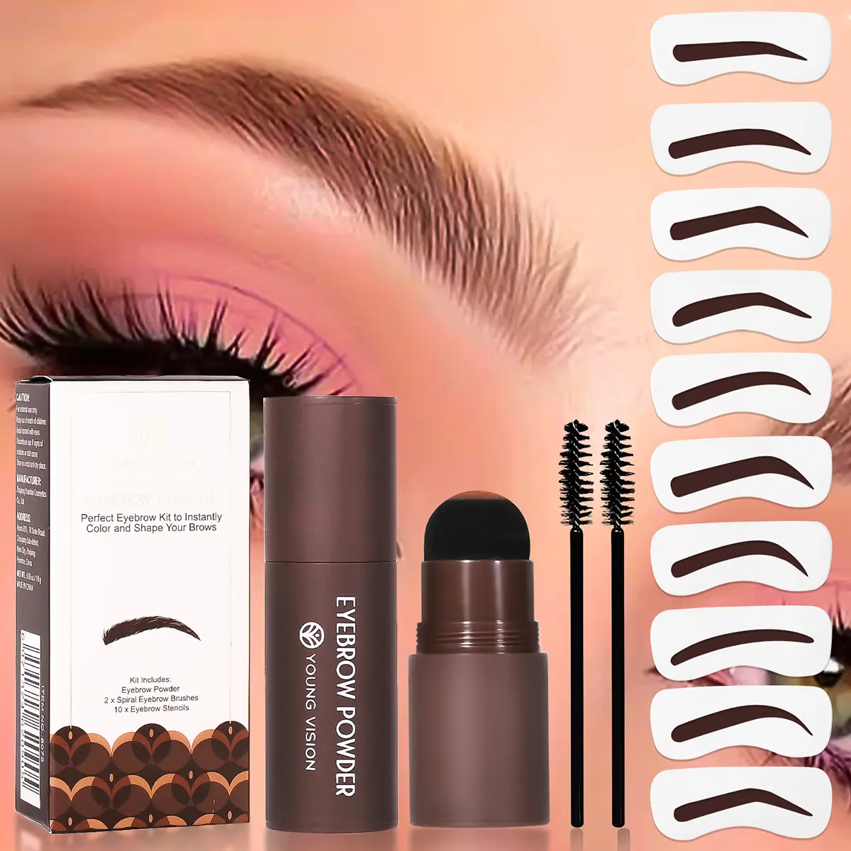 Young Vision Eyebrow Definer Powder Stamp Cosmetic Set - 10 Reusable Stencils, Long-Lasting Waterproof Transferproof Formula, Eyebrow Enhancer for All Skin Types, Makeup Products