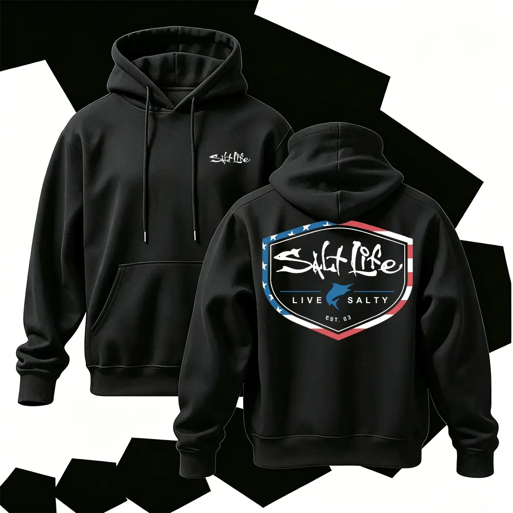 Men's Coastal Fishing Graphic Hoodie, Retro Fish Badge Back Print Pullover Sweatshirt, Casual Streetwear Long Sleeve Hooded Top for Beach Trips, Fishing, Travel, Daily Wear and Weekend Outfits