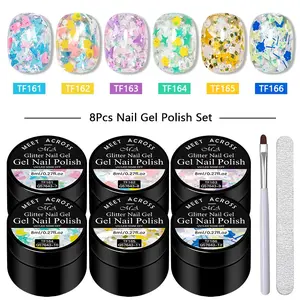 MEET ACROSS 8pcs Glitter Sequins Gel Nail Polish Set, UV Light Gel, Flower Butterfly Sequins Gel Polish, High Glossy Finish, Soak Off UV LED Nail Manicure for Home Salon DIY Nail Art Design Gift