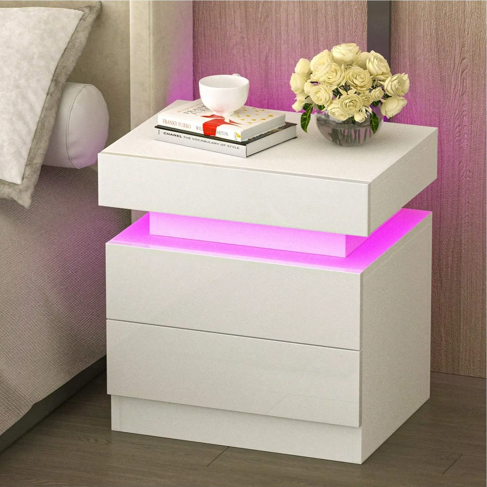 Minimalist Modern LED White Plastic Single Unit Nightstand with Drawers, Secret Compartment, USB Cable, RGB Lights, Adjustable 13.8"d x 17.7"w x 20.5"h - Sturdy Indoor Bedroom Bedside Furniture for Home Office Decor