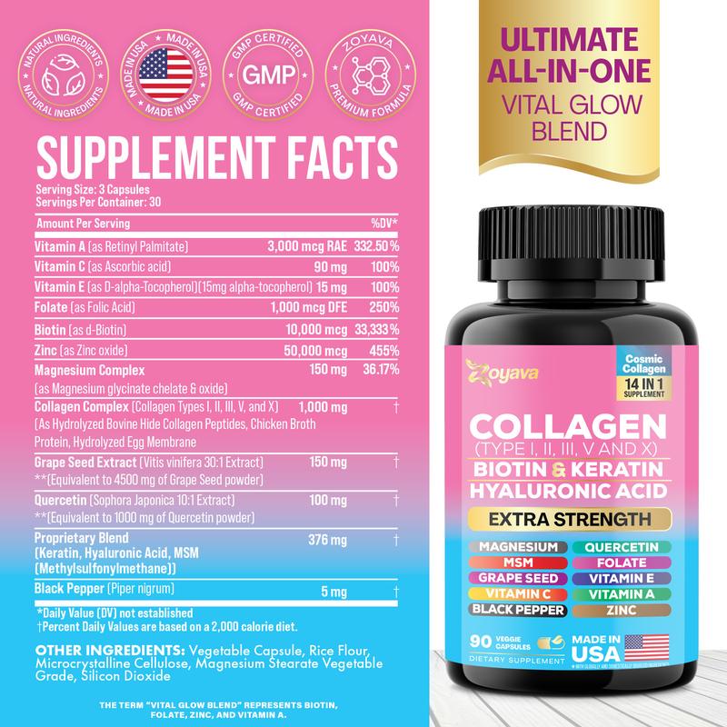 Zoyava Collagen Supplement - Type I, II, III, V and X - with Biotin, Keratin, Hyaluronic Acid & 13+ Extra Strength Ingredients for Beauty, Fitness, & Healthcare - 90 Capsules - MADE IN USA