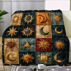 Vintage Sun & Moon Print Flannel Blanket Soft Blue & White 51x59 Machine Washable Ideal for Travel Sofa Bed Office Home Decor Perfect Birthday Holiday Gift for Boys Girls Adults