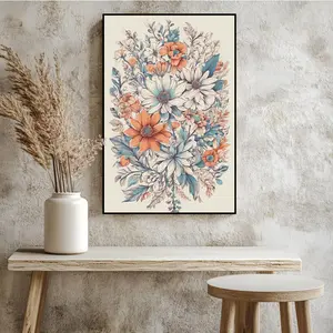 Vibrant Gerbera Daisy Bouquet Canvas Print Orange and White Floral Wall Art with Blue Accent Flowers Watercolor Botanical Decor for Front Porch Chill Room Living Room Bedroom and Home Office Elegant Housewarming Gifts