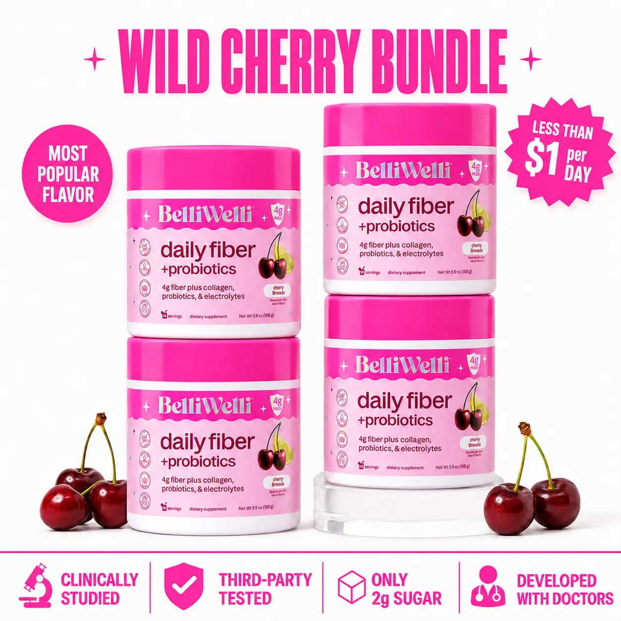 Cherry Gut Wellness Dietary Supplement Bundle with Electrolytes, Fiber, Collagen & Digestive Support