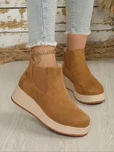 Women's Chelsea Boots, Fashion Thick Sole Wedge Design, Casual Versatile Shoes, Suitable for All Seasons, Round Toe Plaid Pattern, Footwear Boot
