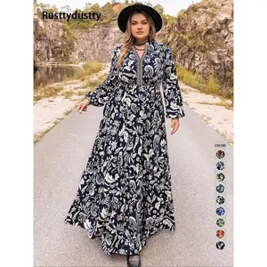 Plus Size Paisley Print Notched Neck Bishop Sleeve A Line Dress, Boho Long Sleeve Long Dress, Summer Outfits 2024, Women Plus Size Clothing