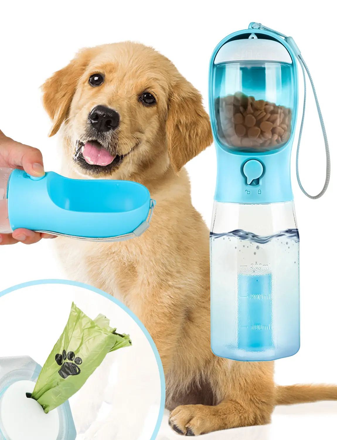 3in1 Pet Water Bottle - Portable 20oz Leak Proof Container with Poop Bag Dispenser, Ideal for Travel, Hiking, and Outdoor Use