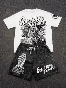 Men's summer skull letter print comfortable and breathable round neck T-shirt drawstring shorts set