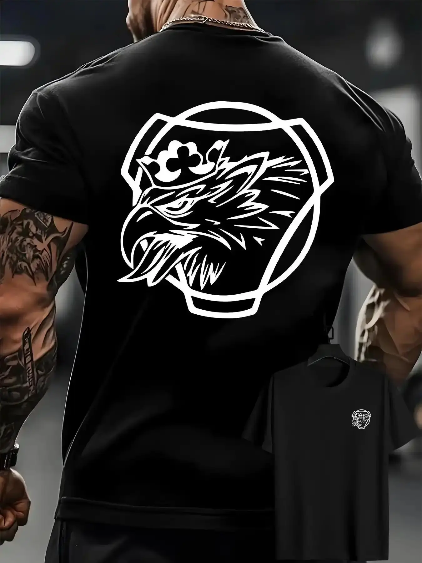 Men's casual T-shirt with eagle head pattern on the front and back, summer men's round-neck short-sleeve T-shirt, men's fashion versatile trendy graphic tee funny graphic tee humorous tshirt men
