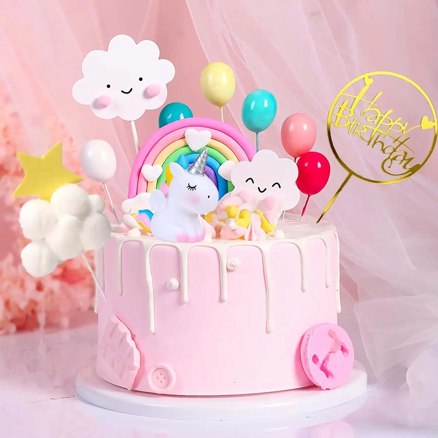 15PCS Unicorn Cake Toppers – Rainbow Unicorn, Hearts, Clouds & Balloon Decorations for Kids Birthday Cakes, Girls & Boys Party Supplies