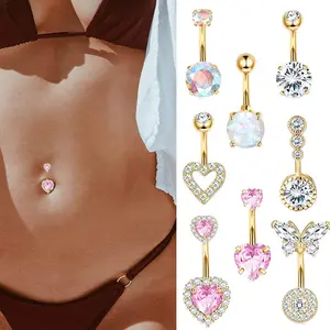 8Pcs Pink Heart Belly Button Ring Piercing 14G Surgical Stainless Steel Navel Piercing Hypoallergenic Cute Created-opal Butterfly Belly Button Rings for Women