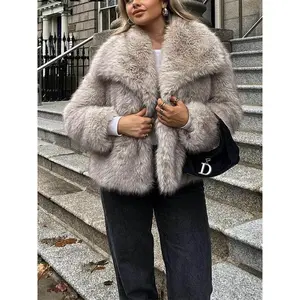 HH Women Fashion Cropped Faux Fur Jacket Coat Long Sleeve Front Snap-button Female Outerwear Chic Lapel Collar Thick Coat