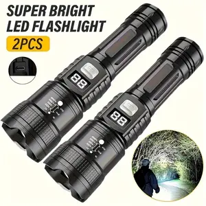 2pcs Portable LED Tactical Flashlight, High Brightness Zoomable Flashlight, 800Mah Rechargeable Battery, Power Digital Display, Adjustable Beam, USB Charging Flashlight, Durable Structure, Suitable for Camping, Hiking, Home Emergency. IP44