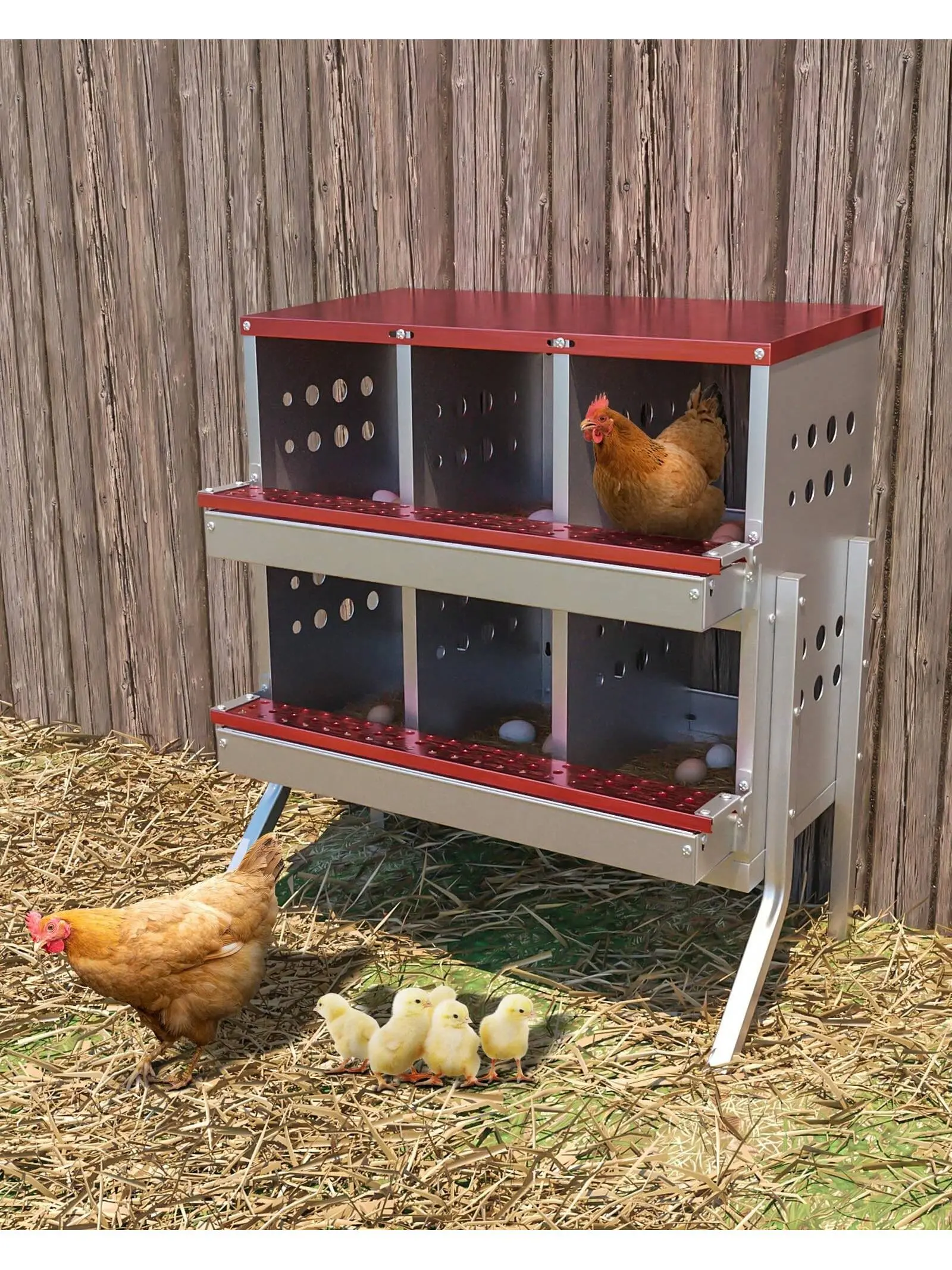 Christmas Gift 6-Compartment Rustproof Steel Chicken Nesting Box with Roosting Perch, 9.84"d x 9.06"w x 8.46"h Wall-Mountable Roll Away Egg Laying Box for Hens, Water-Resistant, Ventilated, Leg-Equipped, Red, Quick Installation, 6 Compartments