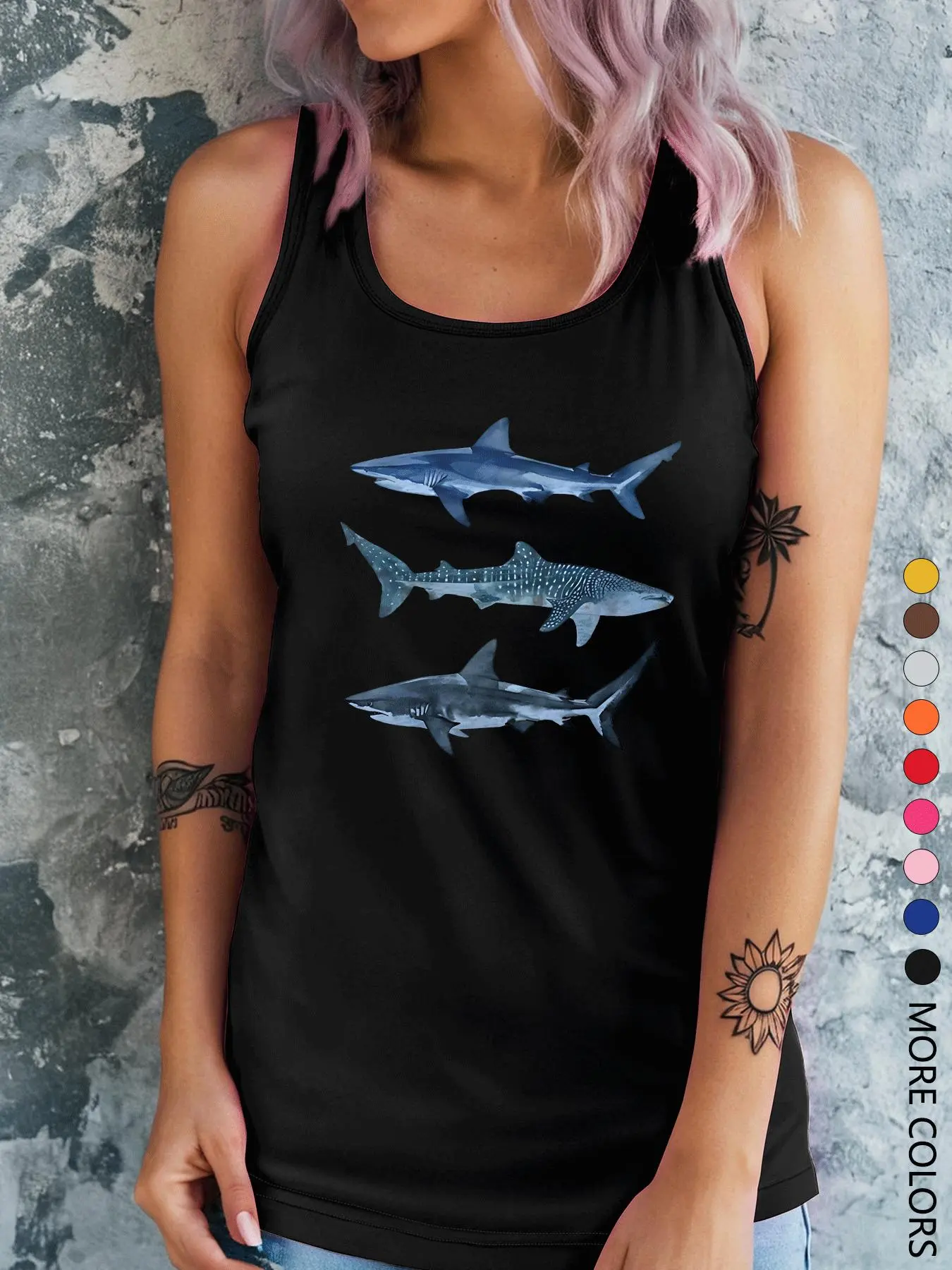 Women's Shark Print Round Neck Tank Top, Casual Sleeveless Top for Summer, Ladies Clothes for Daily Wear, Socks