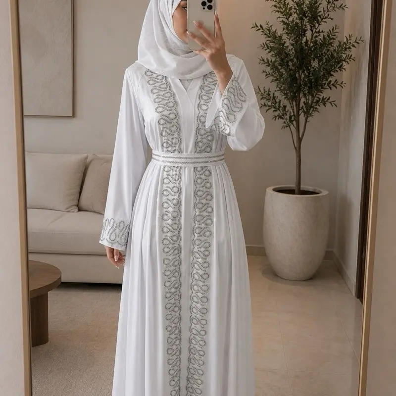 Women's Modest Fashion #31 Dubai Luxury 1-Piece Abaya, Long Bell Long Sleeves, V-Neck, Beading Details, Matching Hijab & Belt, Hijab Style, Regular Fit, All Over Print