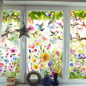 A single-layer electrostatic glass sticker of spring flowers, birds and branches - window sticker, window glass decoration sticker, Floral Pattern Sticker, Home Decor, Decoration Items DJ7089-YC