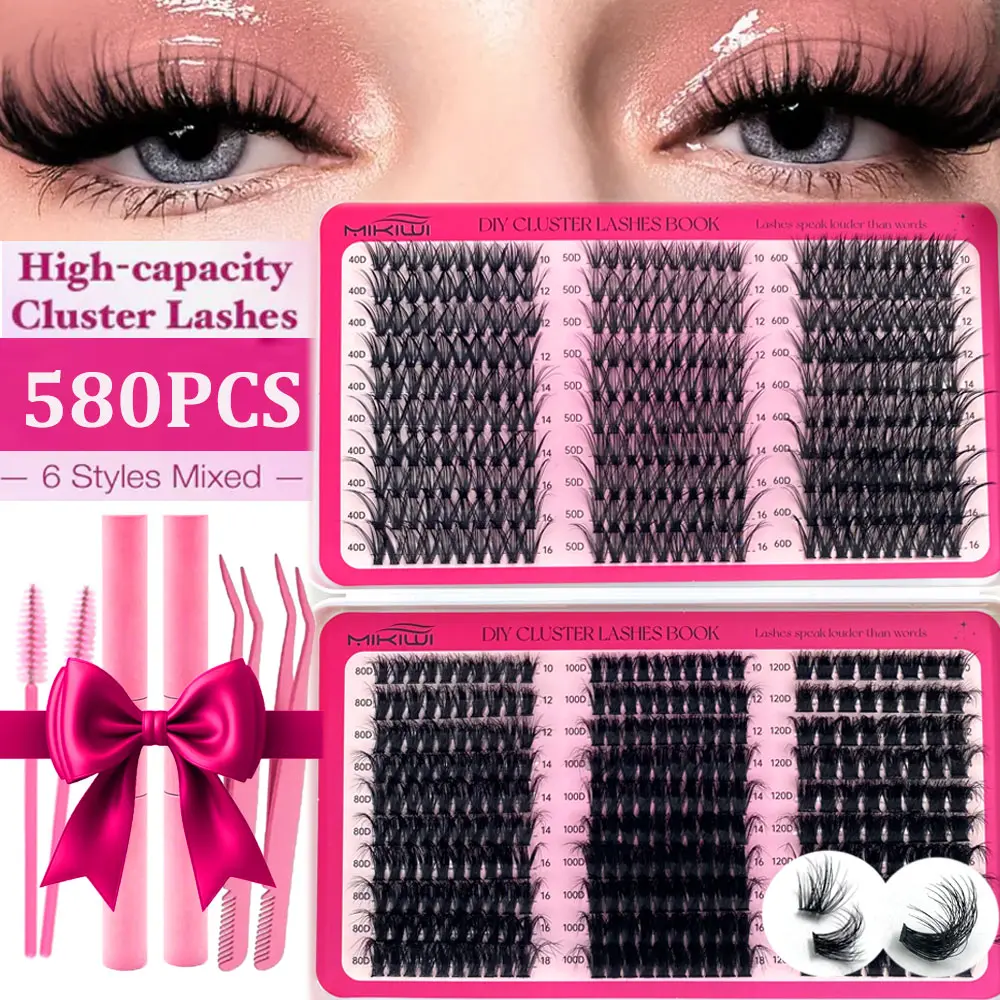 D-Curled Mixed Length Individual Volume False Eyelashes Kit, Natural Eyelash Extensions with Double Tools Lash Bond and Seal & Brush & Tweezers, Self Grafting Curl Eyelash Cluster, Cosmetic False Lashes, DIY Cluster Lashes Kit, False Eyelash Set Makeup