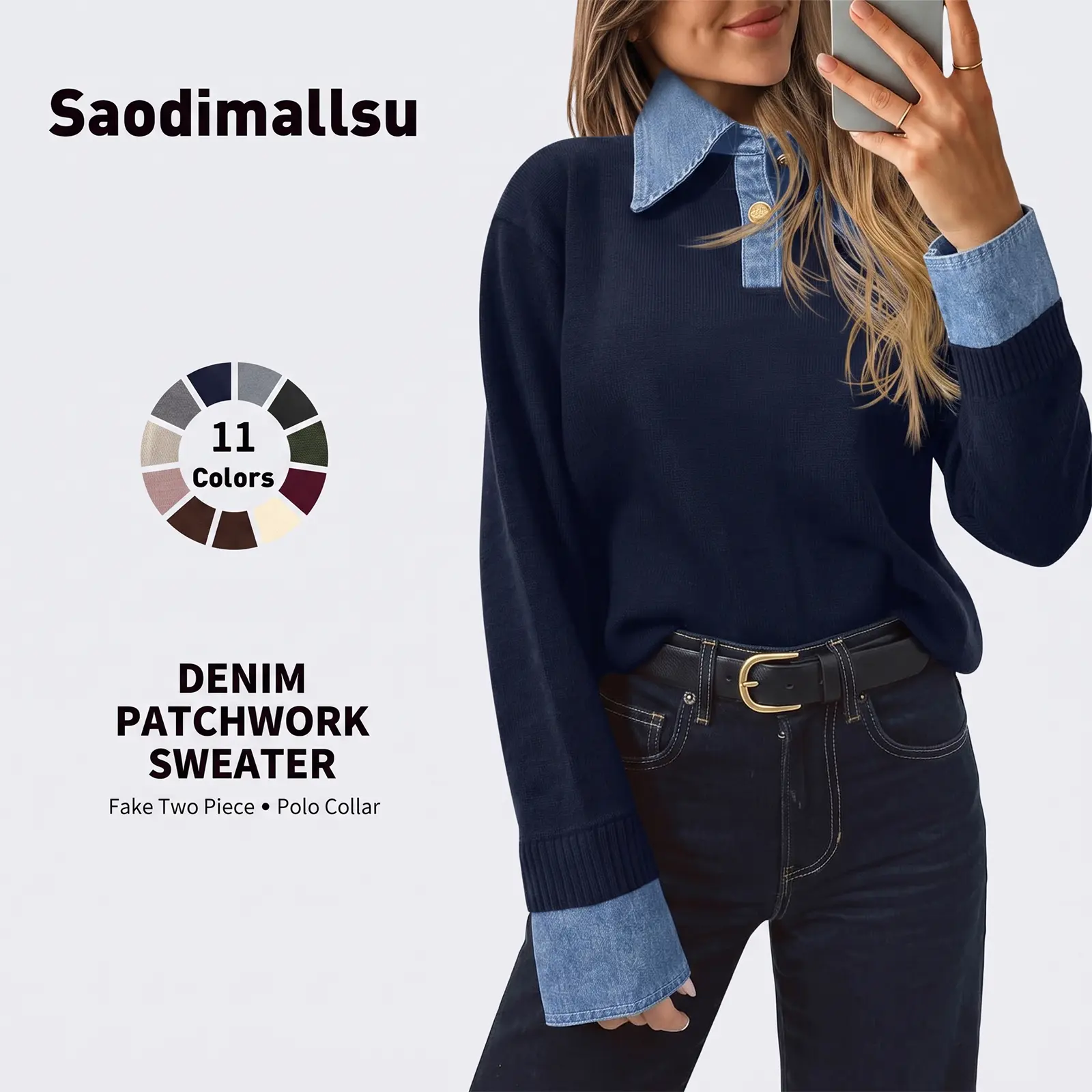 Saodimallsu Womens Denim Patchwork Sweaters V Neck Polo Pullover Tops sohochic