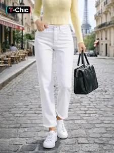 High Elasticity Mid-Waist Straight Leg Jeans, Casual Loose-Fitting Denim Jeans for All Seasons, Minimalist Plain Style Basic Women's Fashion Pants, Trouser, Womenswear