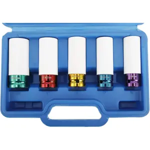 1/2'' Drive Wheel Protector Impact Socket 5Pcs Thin Wall Deep Impact Socket Set Durable Plastic Sleeve Lug Nut Socket 6 Point, Metric, 15mm, 17mm, 19mm, 21mm and 22mm