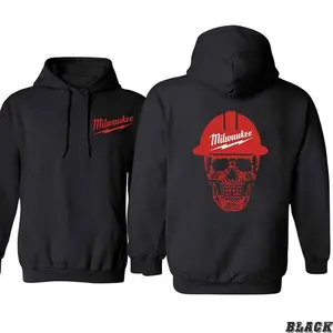 Milwaukee Tool Hoodie – Pullover with Red Hard Hat Skull Design, Warm Construction Workwear Hooded Sweatshirt Style Top for Men and Women