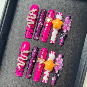 10Pcs Handmade Press on Nails Kit, Handmade Reusable Nails, Long Square Pink Nude Japanese Style Y2K Minimalist Korea Style Fresh Design Chic French Style Glossy Finish Shimmery Obreme 1 Account Manicure Set Box Included