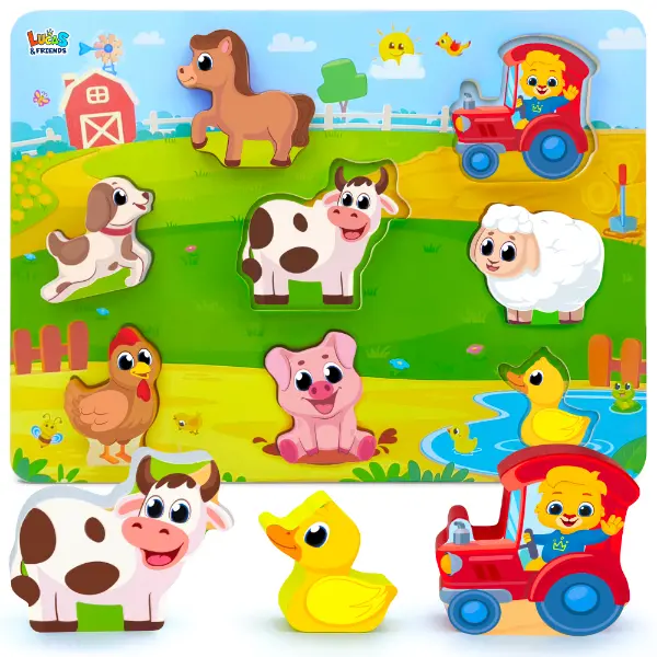 Lucas & Friends Jumbo Wooden Farm Animals Puzzle - 8 Lucas Pieces, 12x9x1 Inches Sturdy Board, Montessori Puzzles Gift for Toddlers 2-4, Unisex Educational Toy for Memory & Matching, Teaching First Words, Boosts Early Learning & Motor Skills