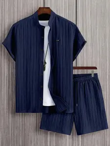 Two-piece Set Men's Solid Color Plain Button Down Short Sleeve Top & Shorts Set, Regular Fit Casual Fashion Cozy Breathable Two-piece for Summer, Men's Clothes for Daily Wear, Matching Shorts Set, Menswear
