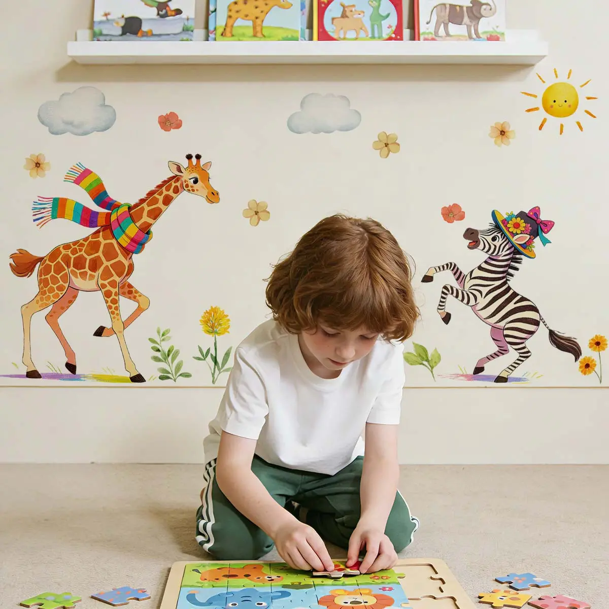 1 Pc (30×60cm) Cartoon Giraffe & Zebra Wall Sticker, Wall Decor Sticker for Kids Room & Bedroom