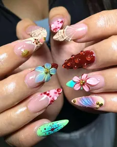 Ocean And Floral 3D Press On Nails Summer Beach Nail Art Colorful Shell Flower False Nails
