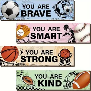 Sport Themed Wooden Wall Decor, 1 Set Basketball & Football Pattern Wall Art, Inspirational Saying Quote Sign, Sports Posters for Bedroom Playroom Nursery, Ornaments, Signage