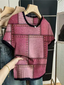 Women's Vintage Workwear Style Faux Denim Geometric Patchwork Print Round Neck Sweater, Casual Short Sleeve Knit Top for Spring Summer Fall