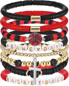 Landical 8 Pcs Basketball Game Day Bracelets Heishi Clay Beaded Stretch Bracelets Basketball Mom Accessories Jewelry Gifts