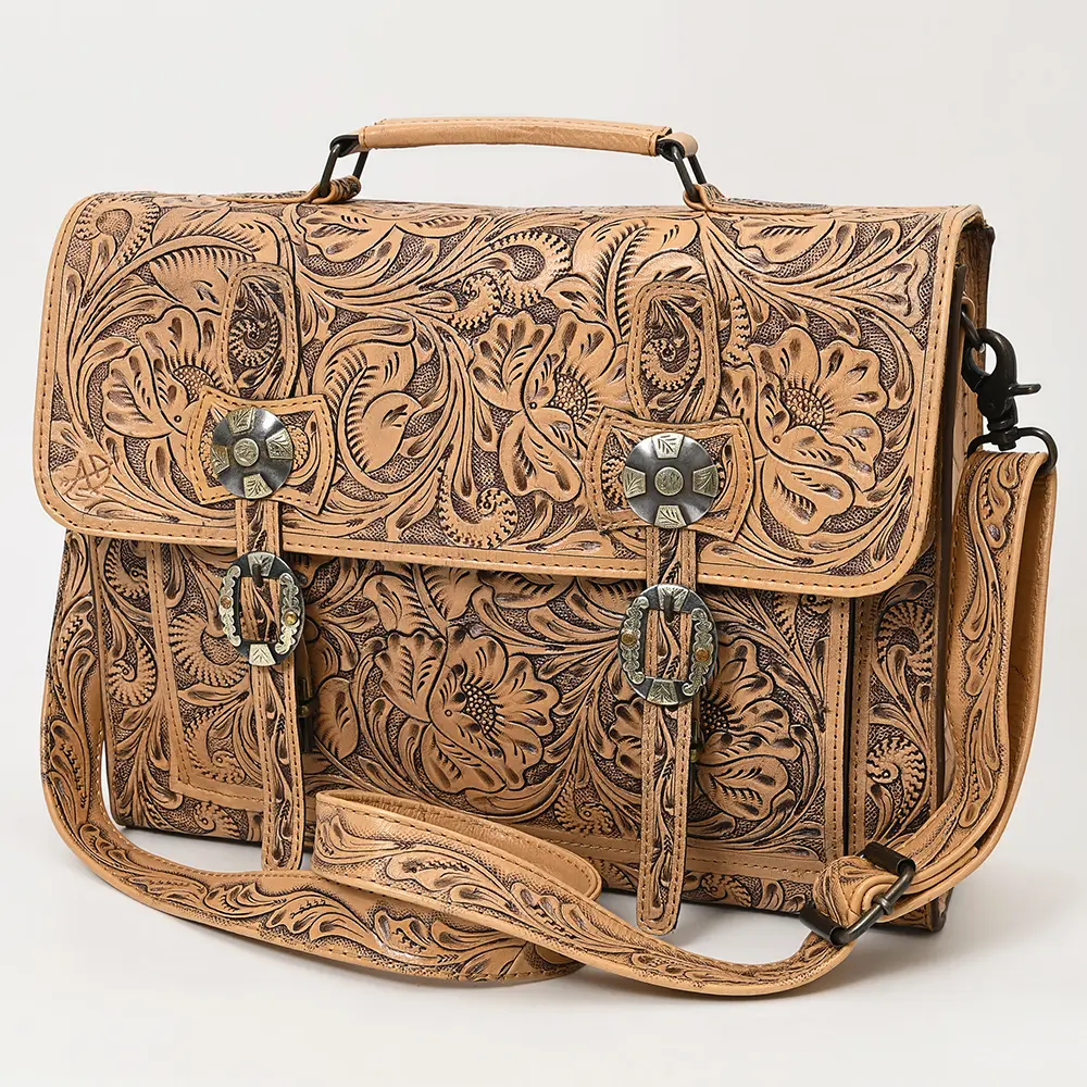 American Darling Western Laptop Briefcase Handcrafted from Hand Tooled Genuine Leather | Floral Carved Flap & Basketweave Body